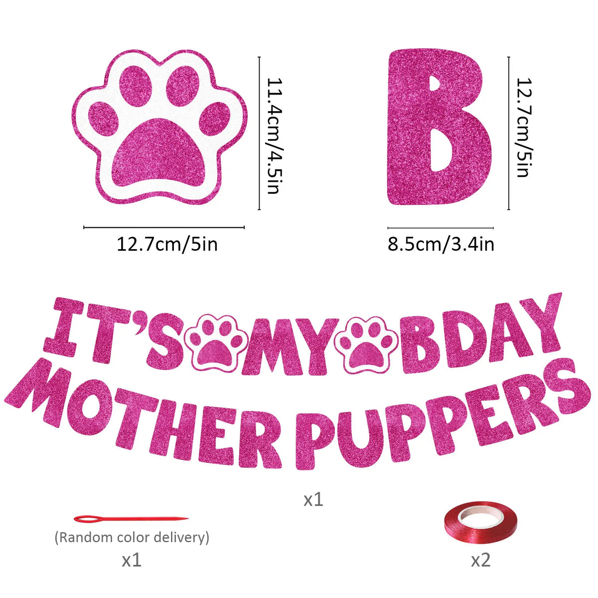 Set of pink glitter paw print letter B and text banner for a dog birthday party decor