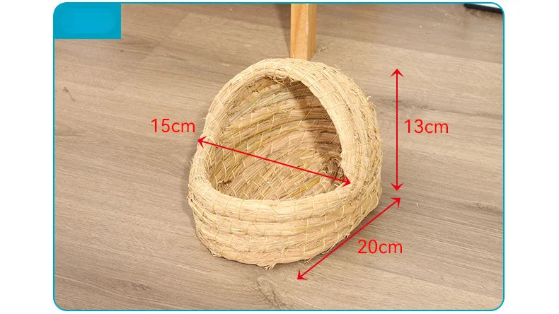 A natural straw woven mat with dimensions 15cm, 13cm, and 20cm is shown on a wooden floor.