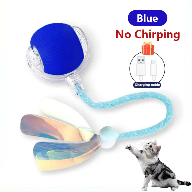 Blaues elektrisches Spielzeug für Katzen mit Silikonkugel und flexiblen Flossen, gespielt von einer Katze