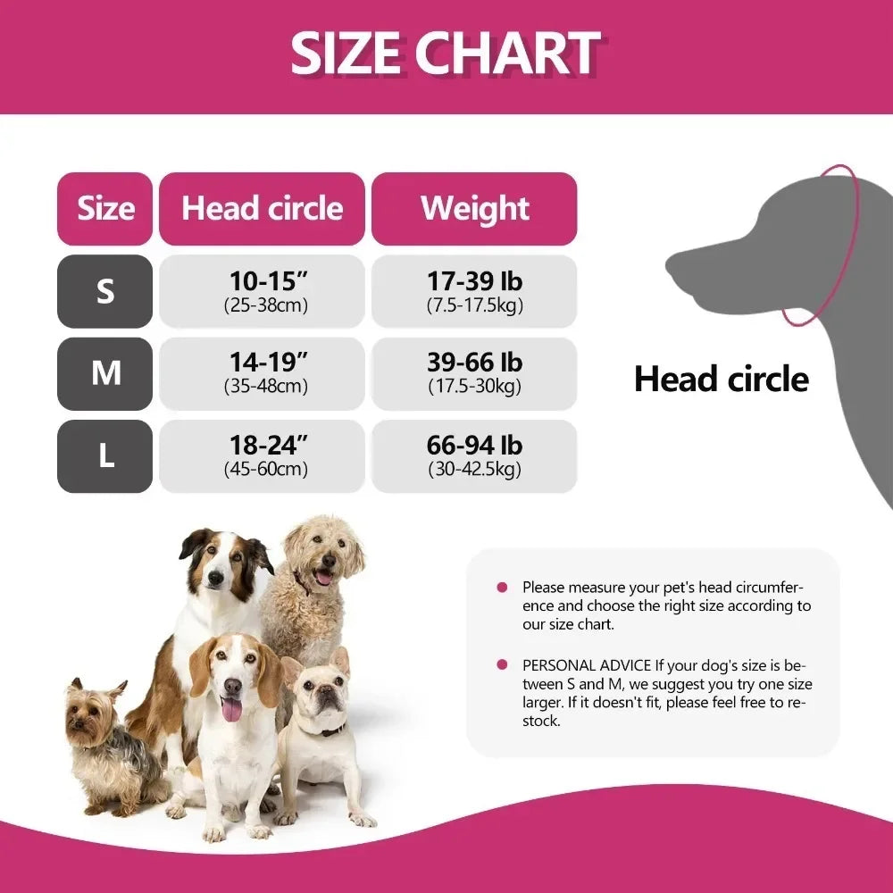 Size chart for dog earmuffs showing sizes S, M, and L with corresponding head circle measurements and weights.