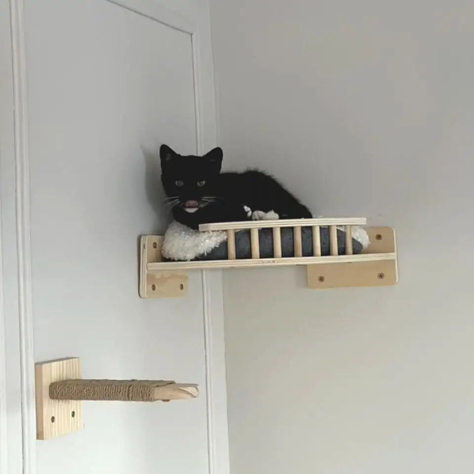 A black cat is perched on a wooden wall-mounted cat tree featuring scratching stairs and a hammock.