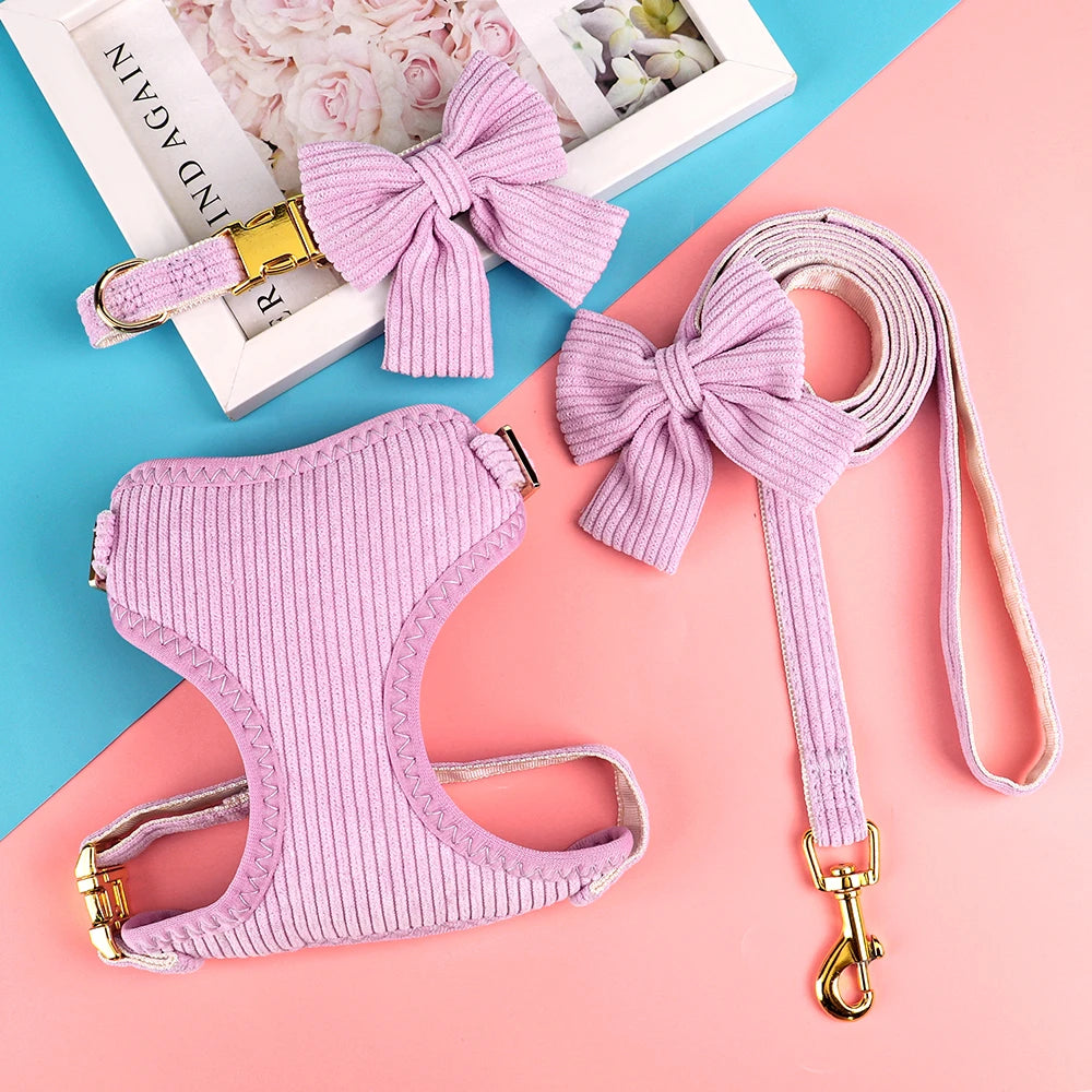 Pinkes gestricktes Hundehalsband und Leine-Set mit Schleife und Goldverschluss