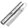 A silver pet laser pointer toy with a handle and a flexible cord.