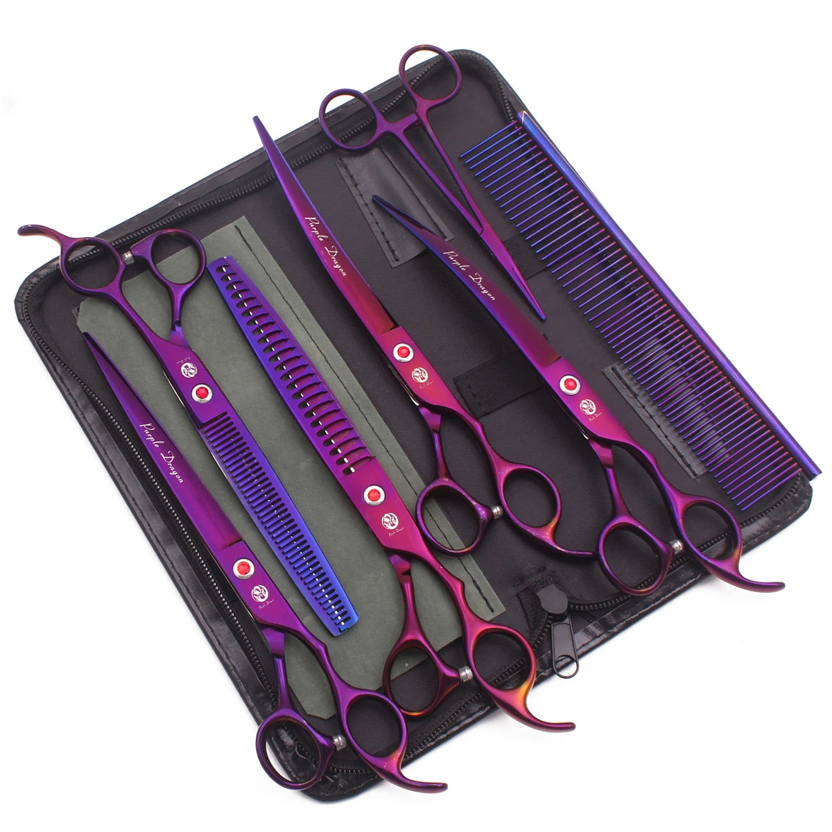 Set professioneller Edelstahl-Pflegeschere für Haustiere mit lila und rosa Griffen und dunkelvioletten Klingen