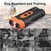 An orange and black ultrasonic pet bark repeller device shown alongside various dog behavior scenarios.