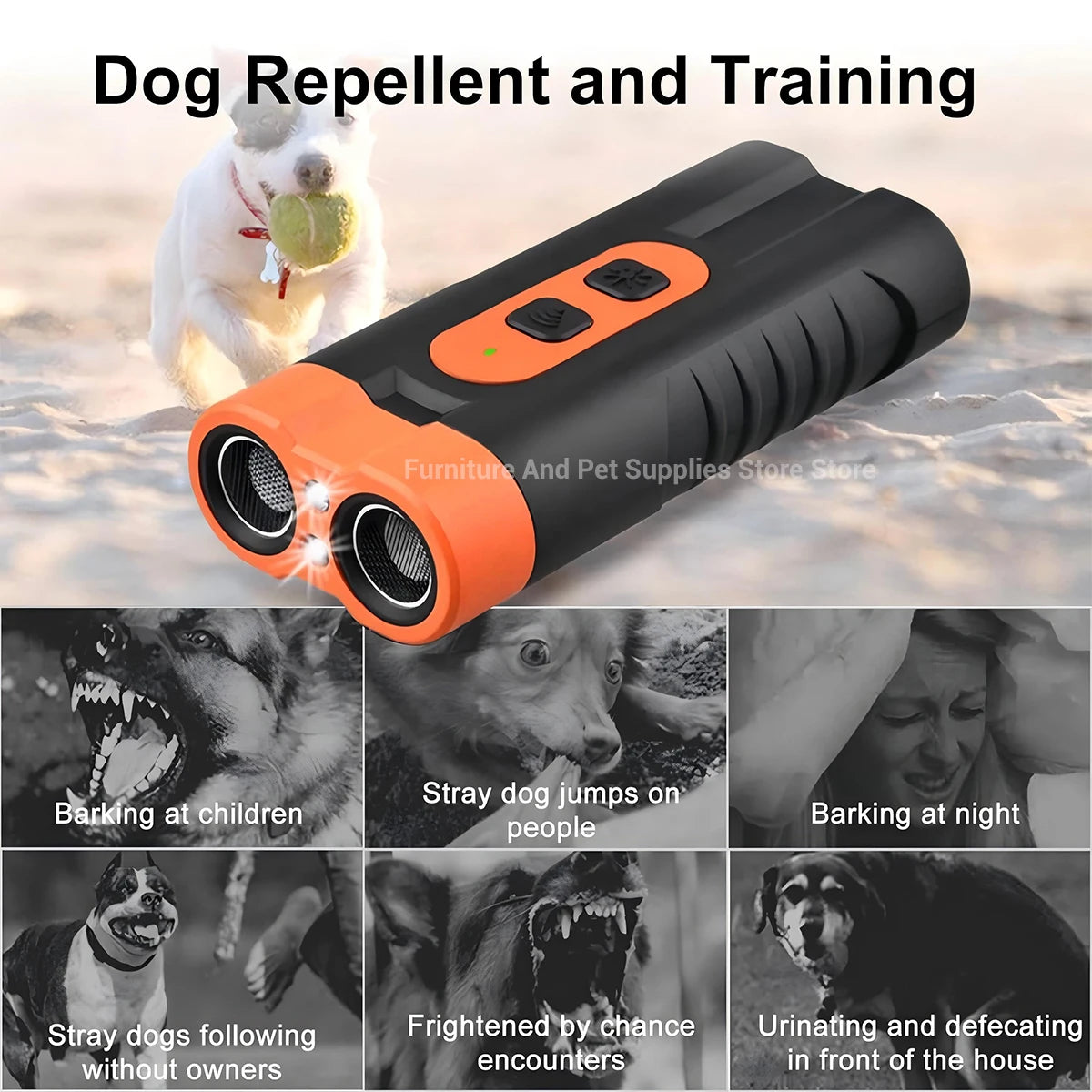 An orange and black ultrasonic pet bark repeller device shown alongside various dog behavior scenarios.