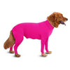 A bright pink comfort fit dog onesie with full leg coverage, shown in a side profile.