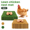 A brown hen sits on a green lawn chicken nest mat and a golden straw chicken nest mat are displayed.