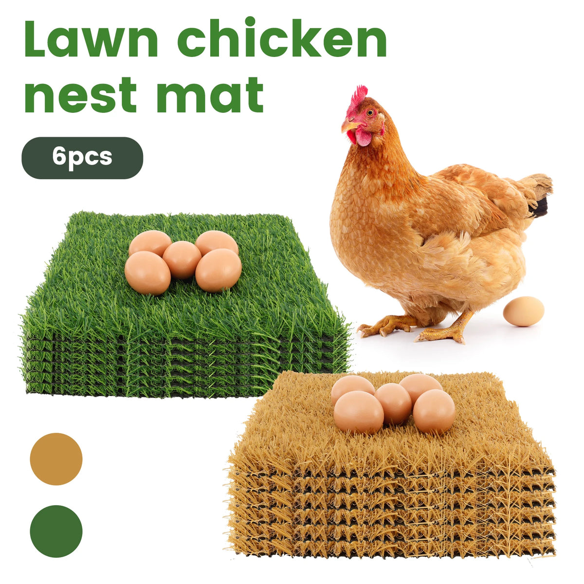A brown hen sits on a green lawn chicken nest mat and a golden straw chicken nest mat are displayed.