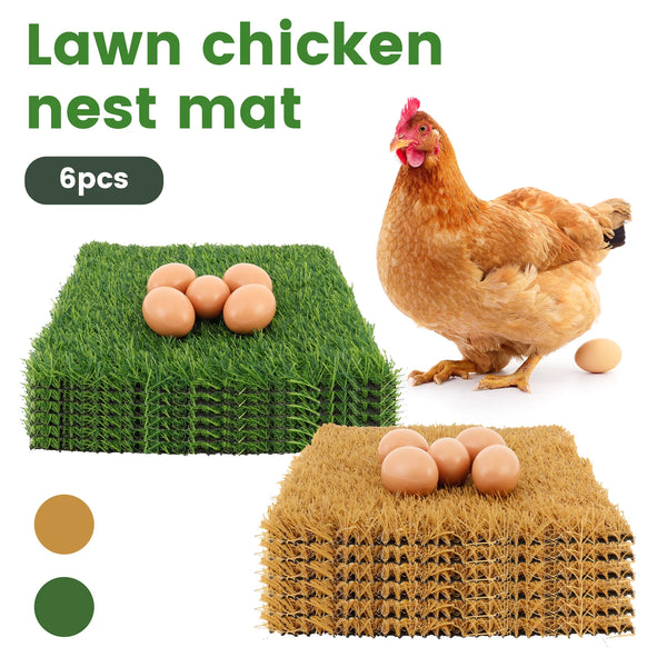 A brown hen sits on a green lawn chicken nest mat and a golden straw chicken nest mat are displayed.