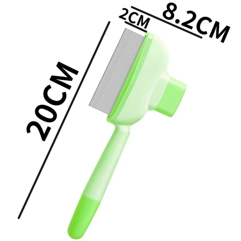 A light green self-cleaning pet brush with massage pins shown next to dimension markings.