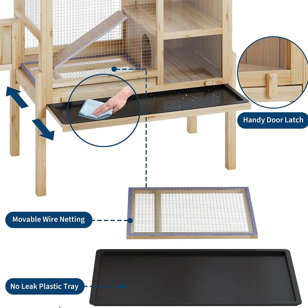 A wooden two-story guinea pig cage featuring a ramp, movable wire netting, and a non-leak plastic tray.