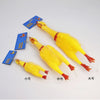 Three yellow squeaky rubber chicken dog toys of different sizes labeled small medium and large