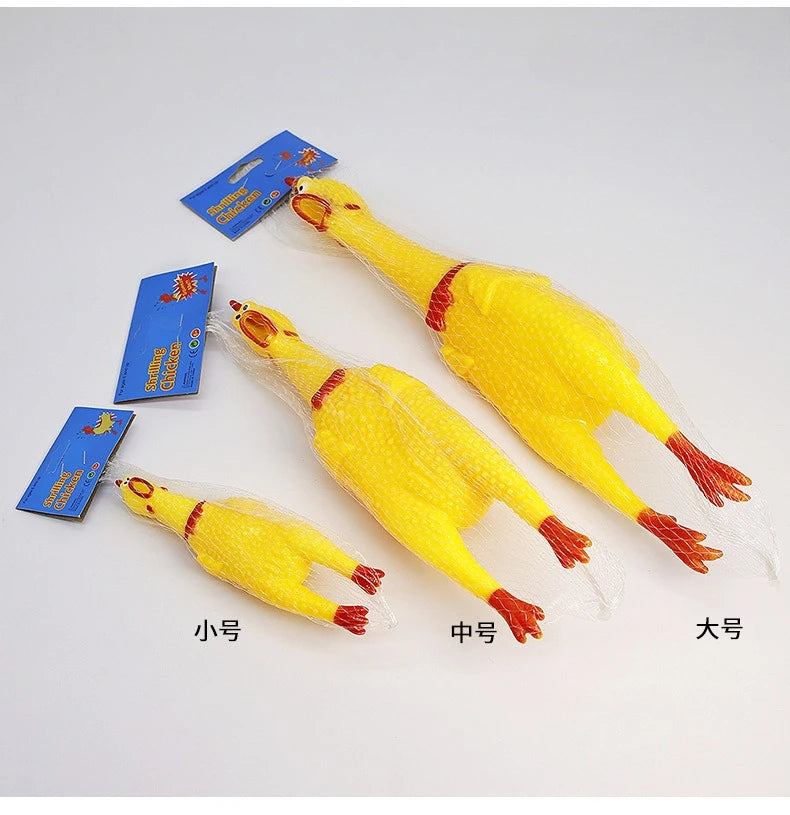 Three yellow squeaky rubber chicken dog toys of different sizes labeled small medium and large