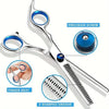 Precision stainless steel pet grooming shears showing various features like a precision screw, finger rest, and V-shaped groo