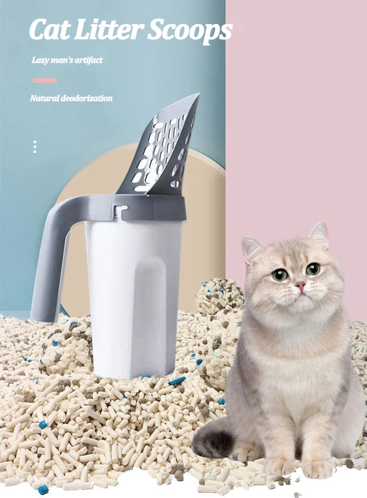 A gray reusable pet litter scoop is shown next to a cat, with loose litter scattered on the floor.