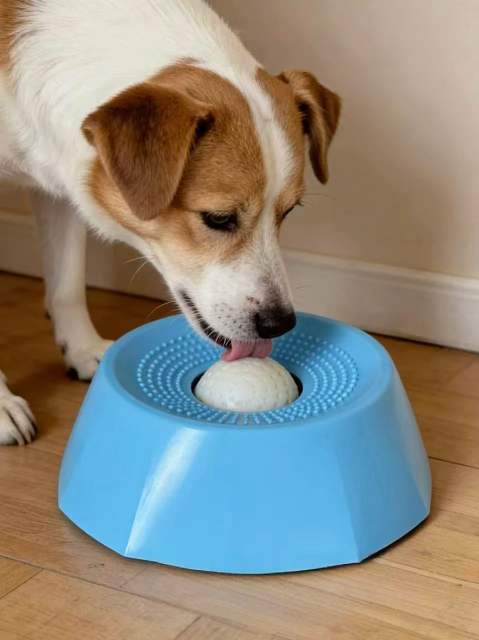 A dog is interacting with a blue slow feeder bowl designed for pet food.
