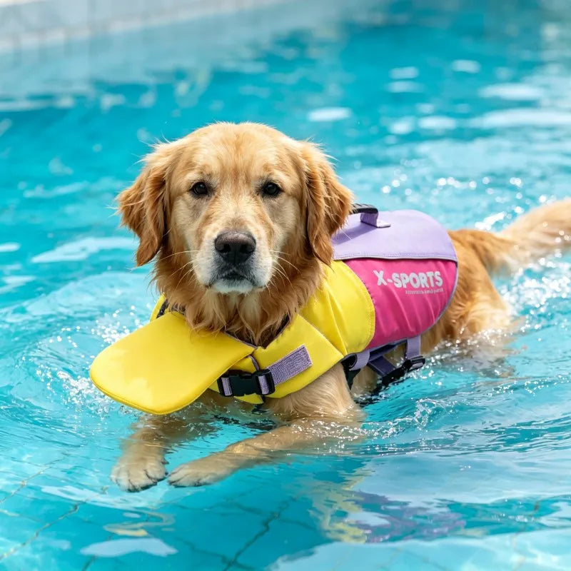 A golden retriever wearing a yellow life jacket with a purple harness swims in blue water.