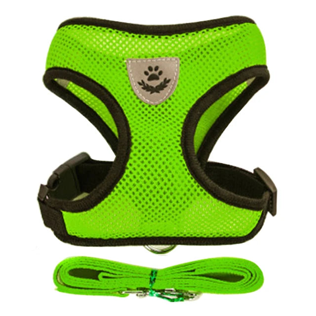 A bright lime green adjustable pet harness and leash set for dogs and cats