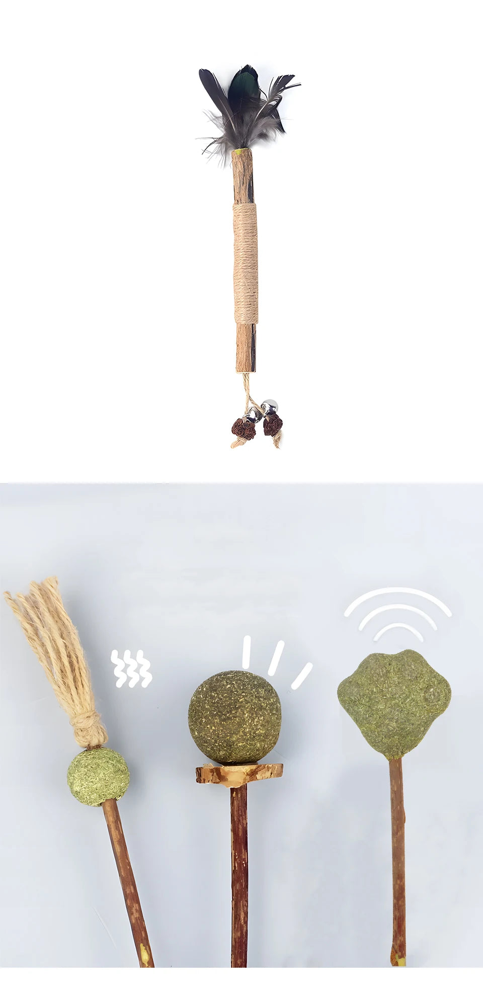 A natural silvervine cat chew stick with a fluffy feather and dried plant material attached.