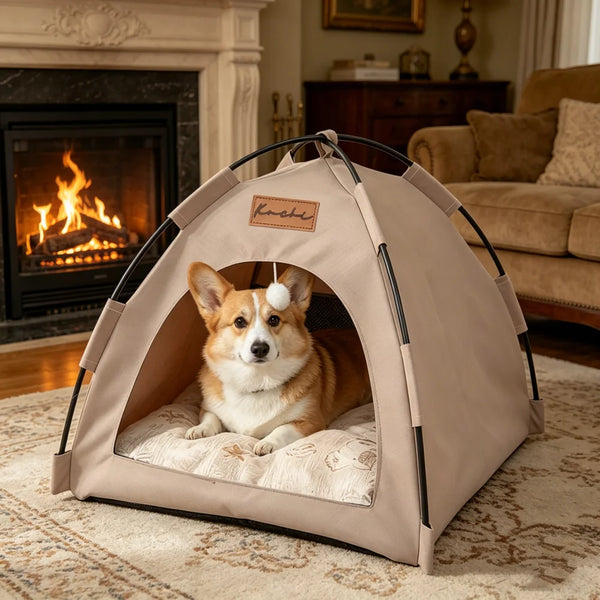 A small dog is relaxing inside a beige breathable foldable pet nest tent on a rug next to a fireplace.