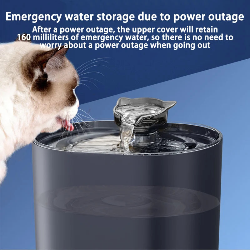 A cat is drinking water from a dark gray pet water fountain, demonstrating emergency water storage.