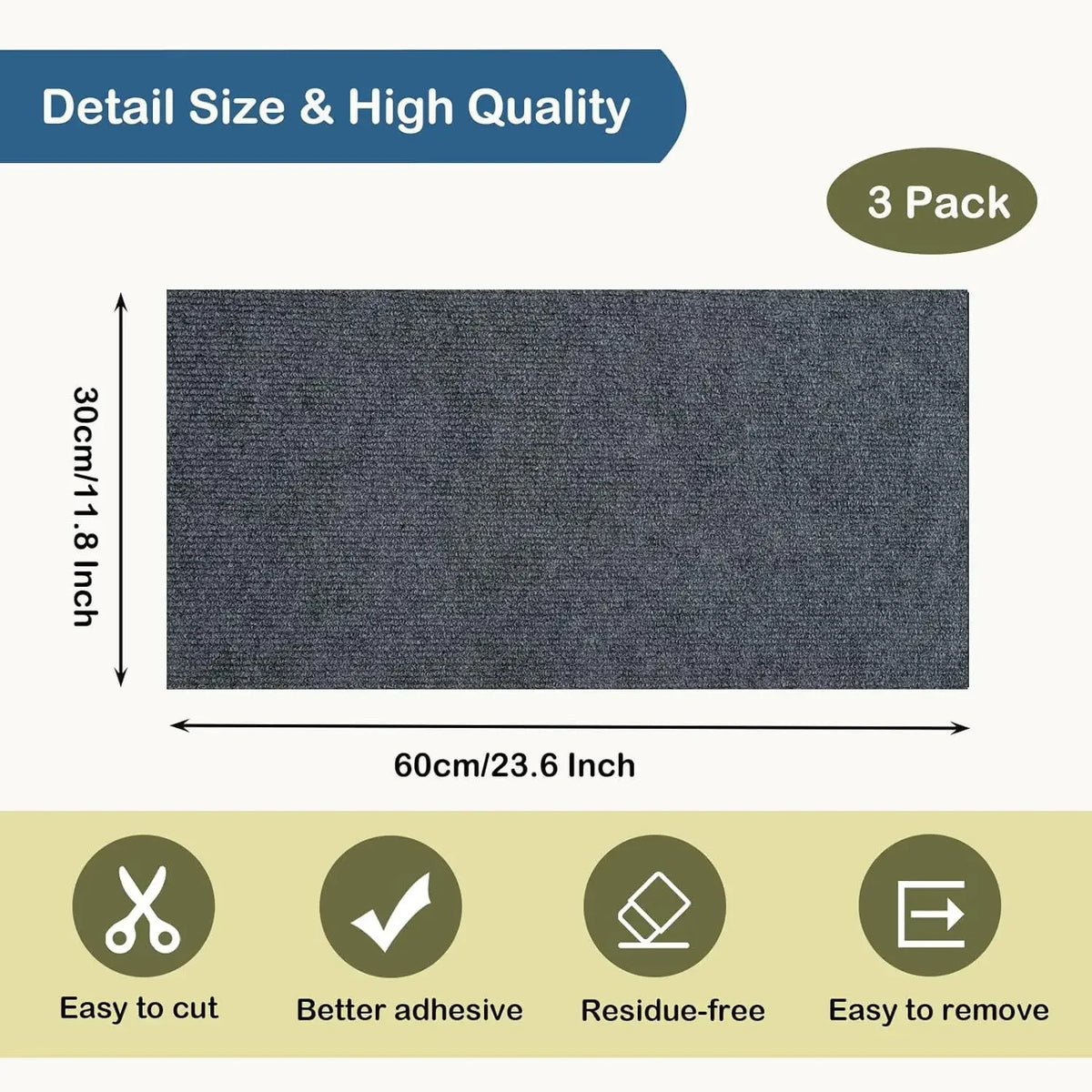 A rectangular dark gray self-adhesive cat scratching mat, 60cm by 30cm, shown with features like easy cutting and removal.