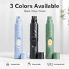 Three colors of a rechargeable pet nail grinder for dogs and cats shown in black, blue, and green.
