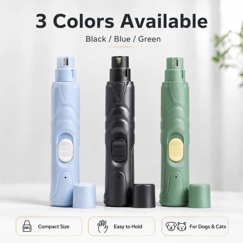Three colors of a rechargeable pet nail grinder for dogs and cats shown in black, blue, and green.
