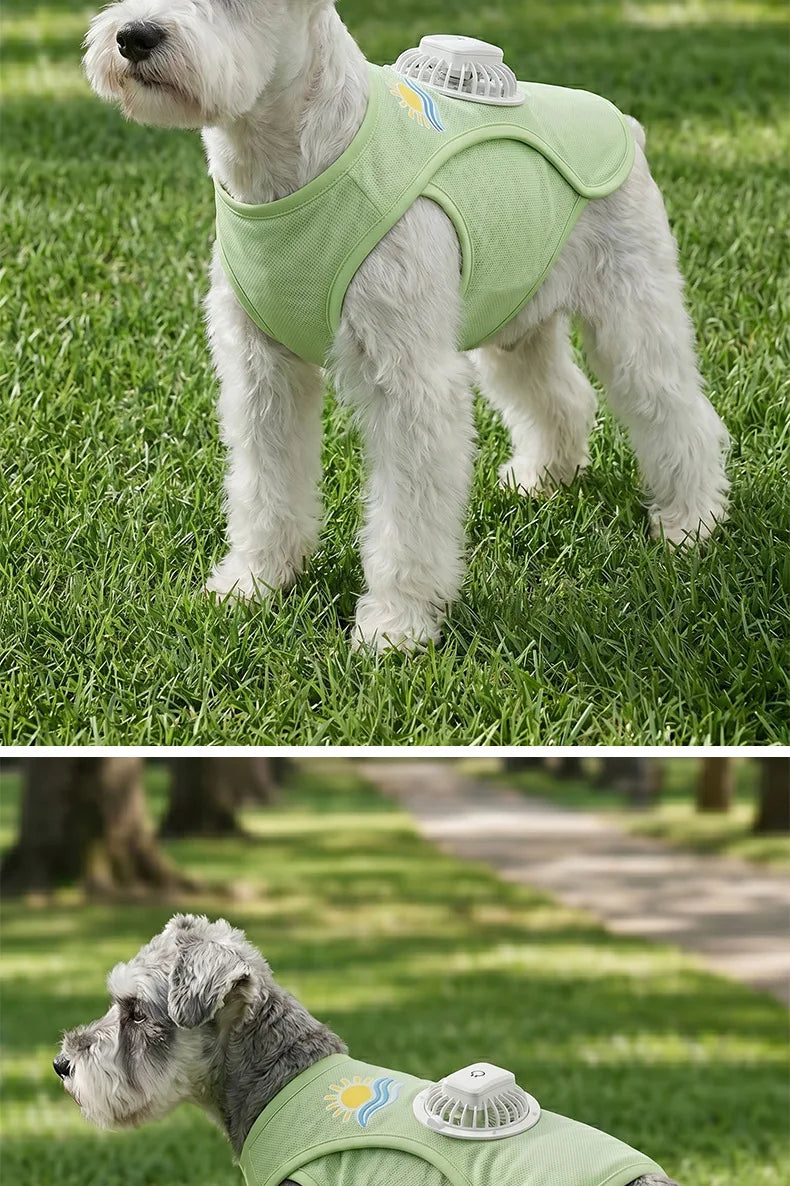 A light green cooling dog vest with a built-in fan is worn by a small dog outdoors on grass.