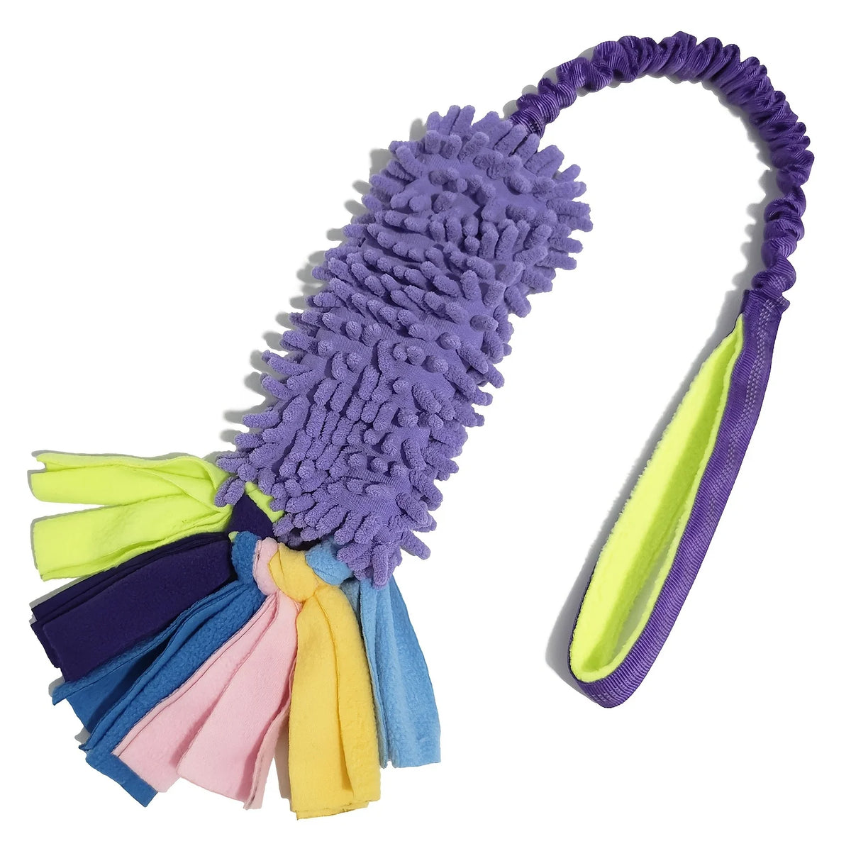 A purple plush pull rope toy with yellow and blue fabric streamers.