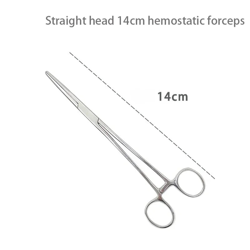 Stainless steel straight head hemostatic forceps shown in a profile view