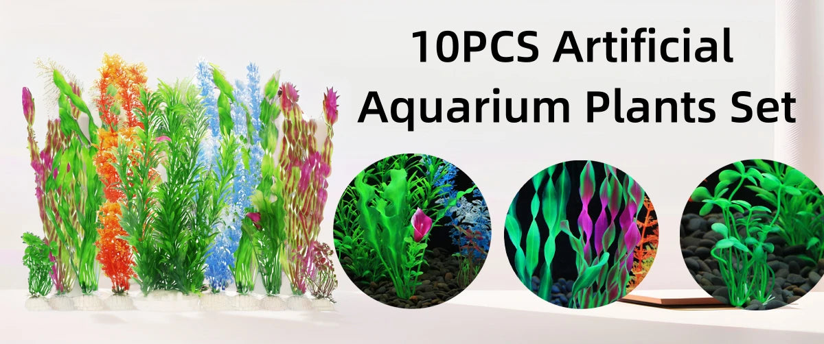 A set of 10 artificial aquarium plants featuring various green, red, and blue foliage.