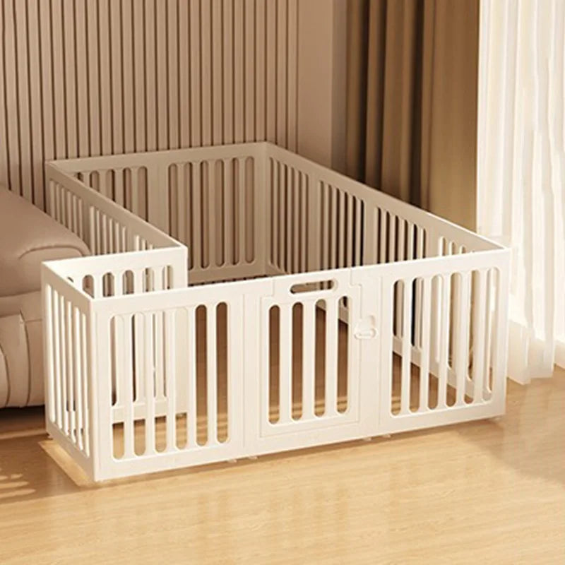 A white heavy duty pet fence cage with suction cups is shown in a room setting.