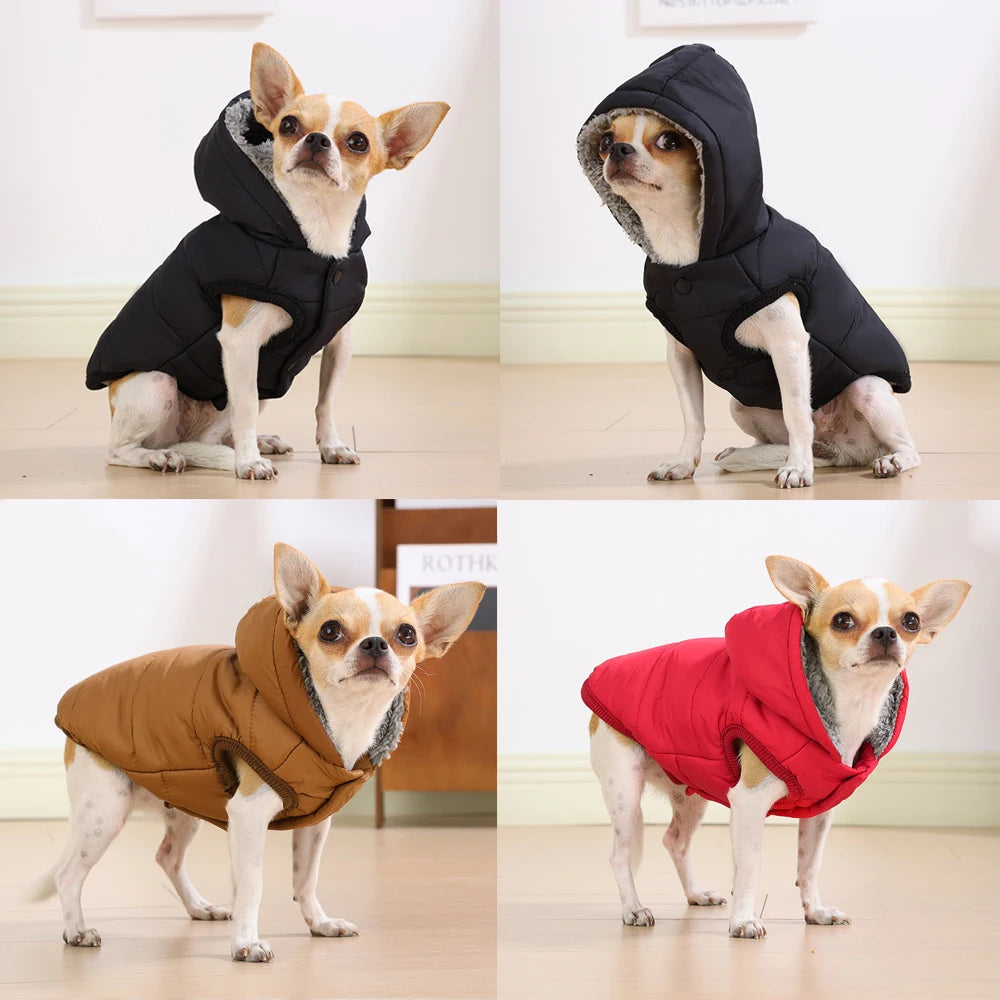 A dog wearing a black hooded jacket with a waterproof shell, shown in three different colors: black, brown, and red.