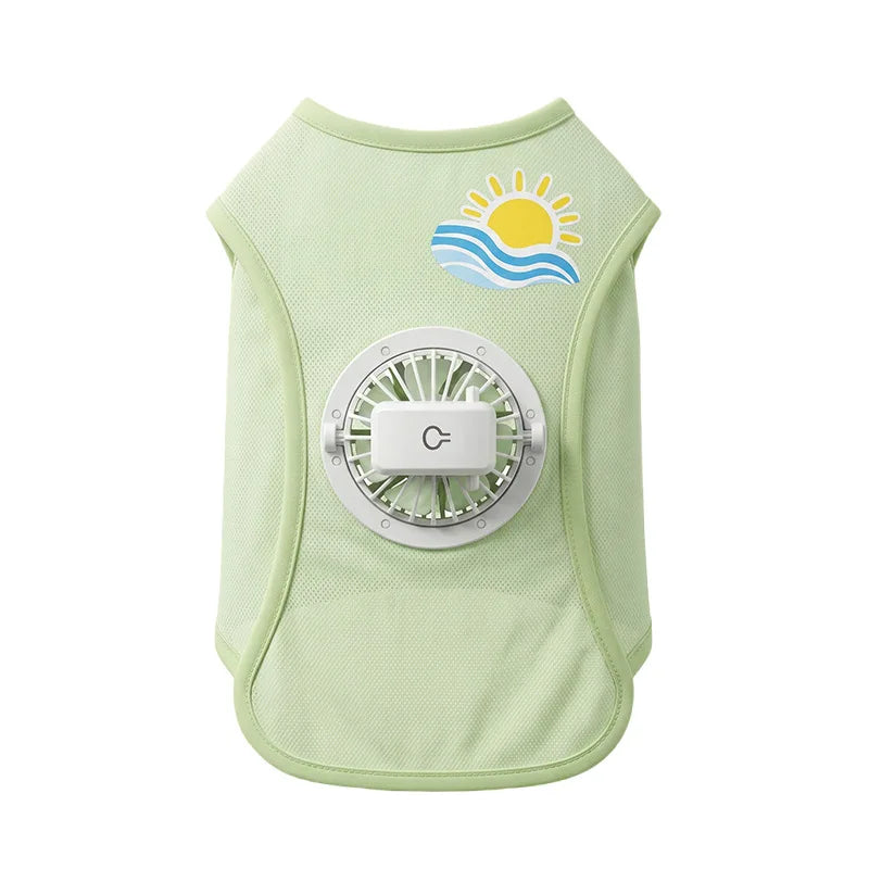 Light green cooling dog vest with a built-in fan and a sun graphic