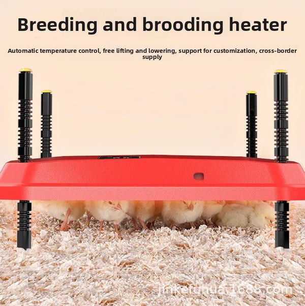 A red breeding and brooding heater plate with supports for poultry is shown on a fluffy surface.