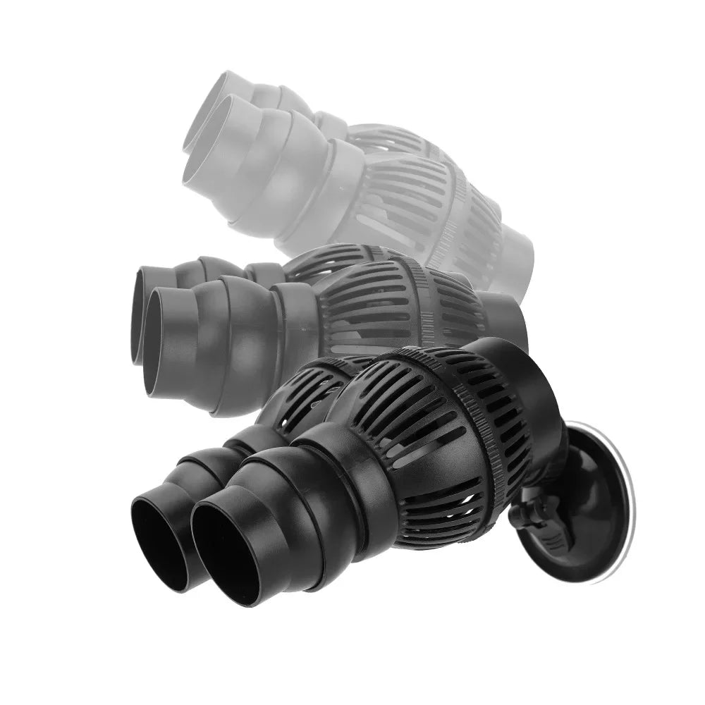 A collection of black and gray submersible water circulation pumps for aquariums.