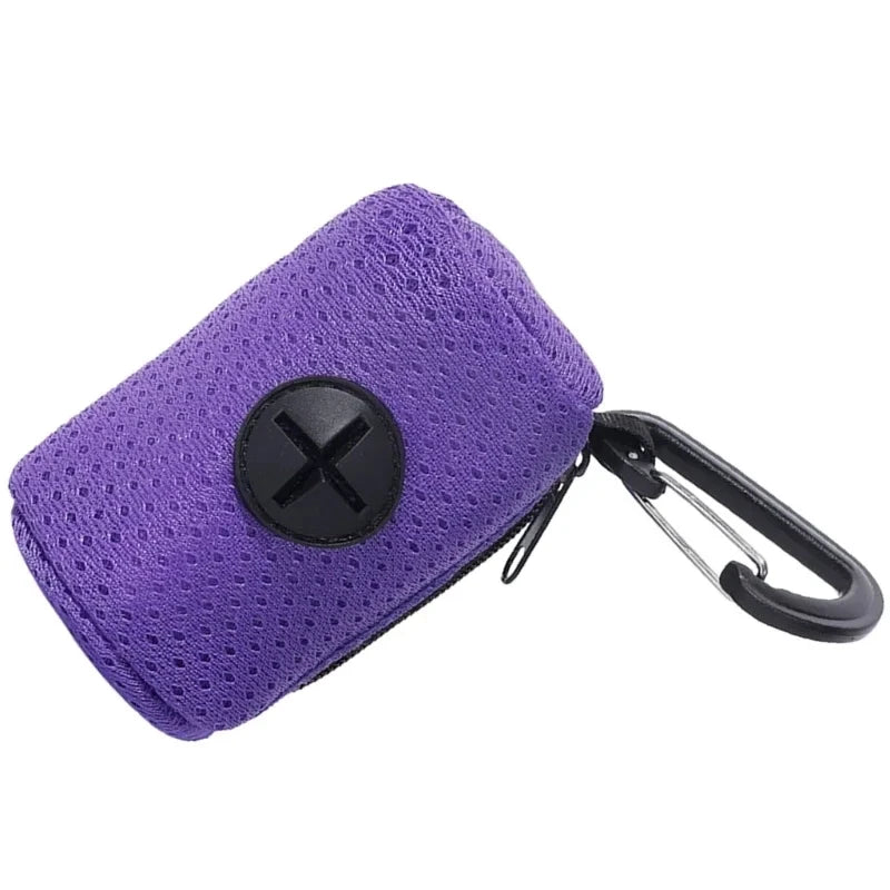 Purple mesh reusable dog poop bags with a black closure and metal clip.