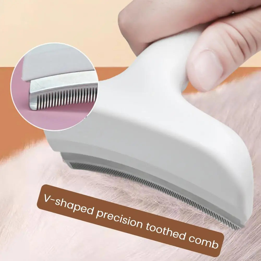 A white V-shaped precision toothed comb is shown being used on a pet's fur.