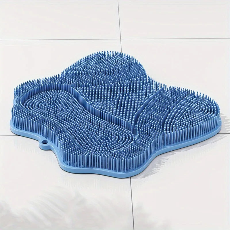 Cepillo de aseo para gatos de TPE azul claro y natural con cerdas densas y flexibles, sobre una superficie blanca.