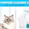 A pair of white pet cleaning gloves is shown next to a package of pet glove wipes for dogs and cats.