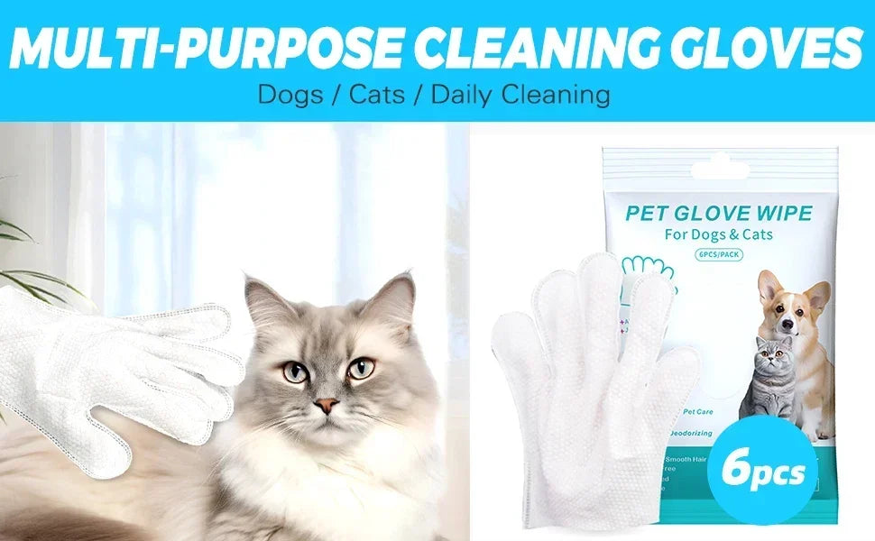 A pair of white pet cleaning gloves is shown next to a package of pet glove wipes for dogs and cats.