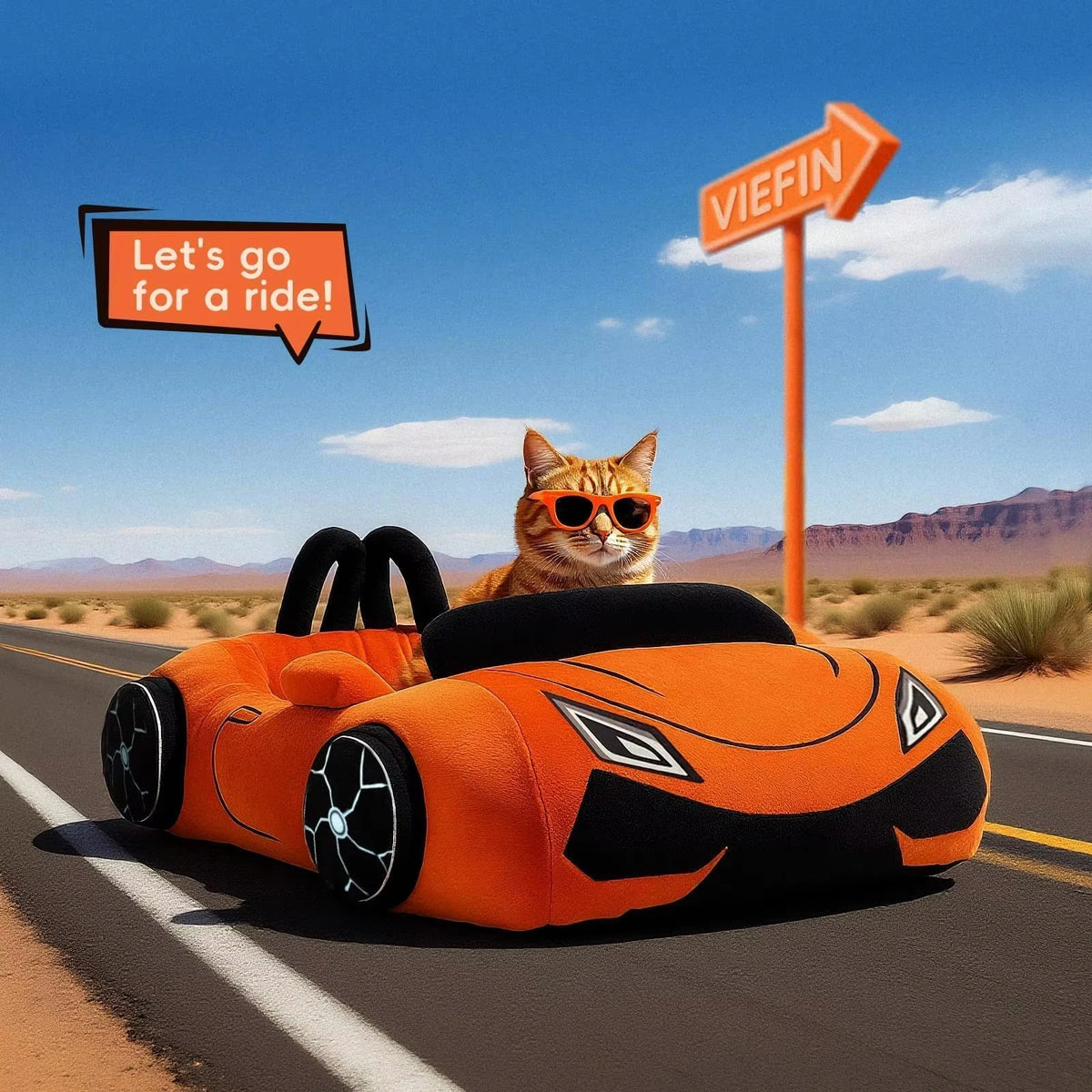 An orange supercar shaped cat bed with a plush cushion is driving on a road, with a cat looking out the windshield.