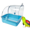 Clear plastic external bird bath for cages and parakeets with a blue base.