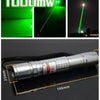 A silver laser pointer device is shown with a green beam, demonstrating its focusable light for outdoor use.