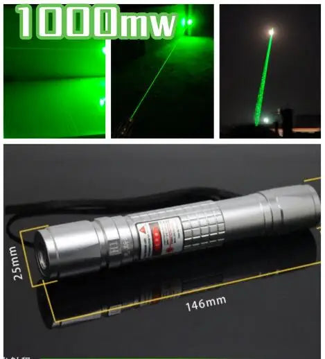 A silver laser pointer device is shown with a green beam, demonstrating its focusable light for outdoor use.