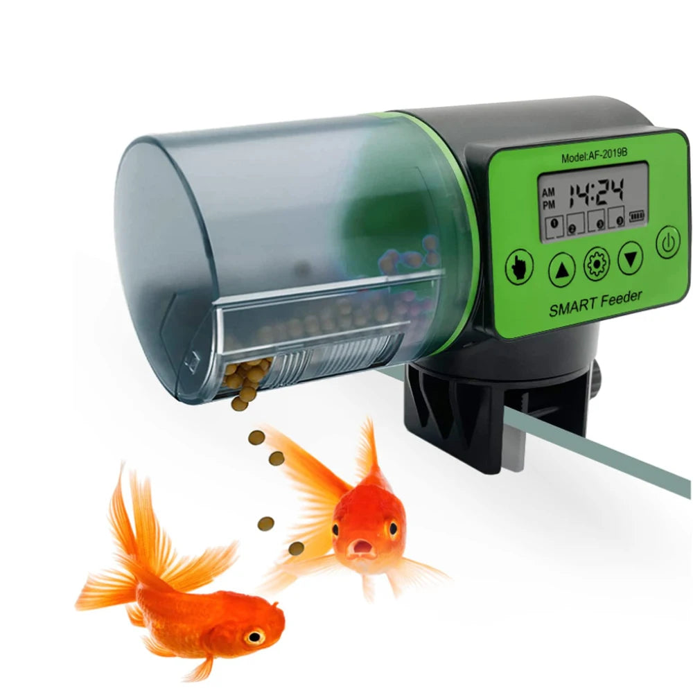 Un distributeur automatique à poisson vert et noir avec un affichage numérique, à côté d'un poisson rouge orange.