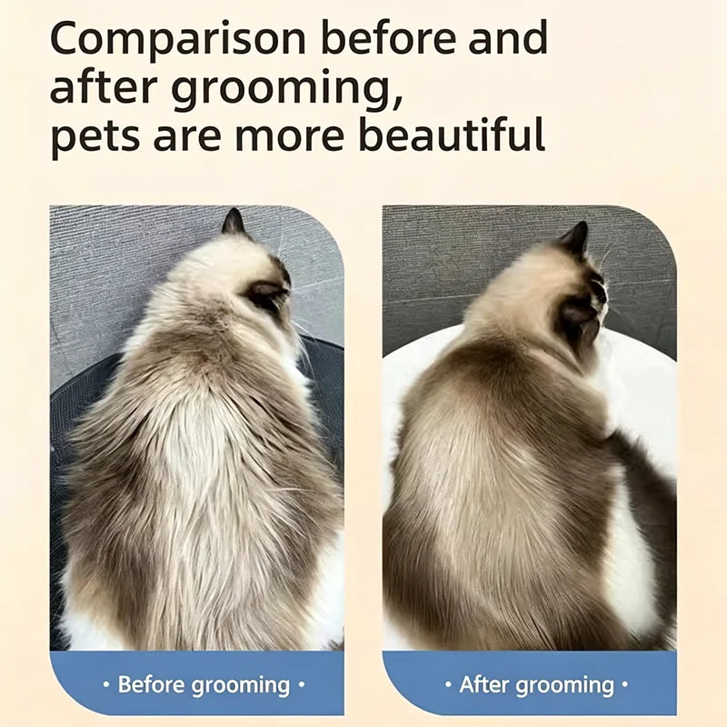 Comparison image showing a pet before and after grooming using a stainless steel comb.