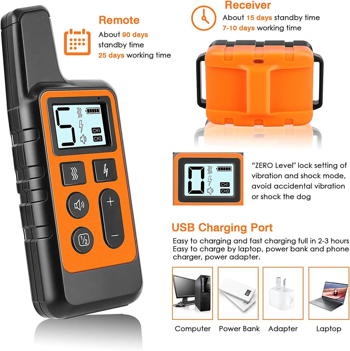 An orange electric dog training collar with a black casing and remote control device.
